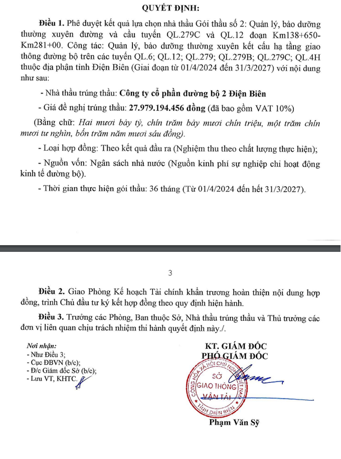 Quyết định phê duyệt kết quả lựa chọn nhà thầu Gói thầu số 2: Quản lý, bảo dưỡng thường xuyên đường và cầu tuyến QL.279C và QL.12 đoạn Km138+650 - Km281+00.