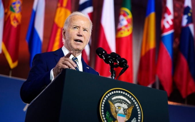 Tổng thống Mỹ Joe Biden phát biểu tại hội nghị thượng đỉnh Tổ chức Hiệp ước Bắc Đại Tây Dương (NATO) hôm 8/7.