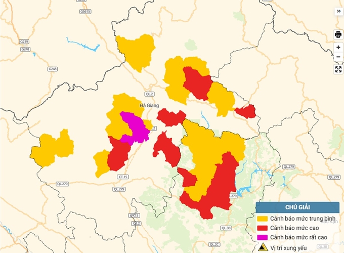 Bản đồ nguy cơ sạt lở đất đá tại Hà Giang và Tuyên Quang. Ảnh: TT KTTV Quốc gia