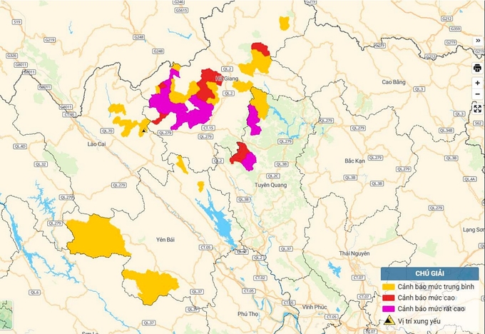 Bản đồ nguy cơ lũ quét, sạt lở đất đá ở một số tỉnh Tây Bắc Bộ. Ảnh: TT KTTV Quốc gia