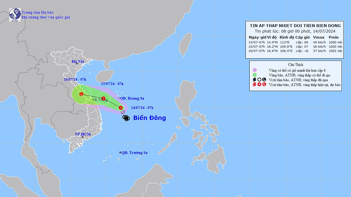 Dự báo hướng di chuyển của áp thấp nhiệt đới trong 24-48 giờ tới. Ảnh: TT KTTV Quốc gia.