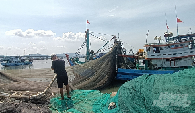 Tàu cá của ông Nguyễn Thanh Việt (phường 12, thành phố Vũng Tàu) cũng kéo lưới lên nằm bờ do giấy phép không đúng vùng khai thác. Ảnh: Lê Bình.