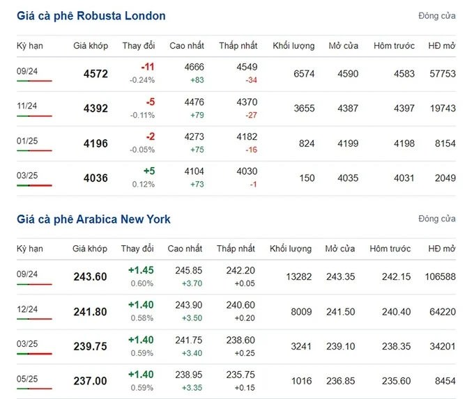 Latest Arabica and Robusta coffee prices on 07/17/2024