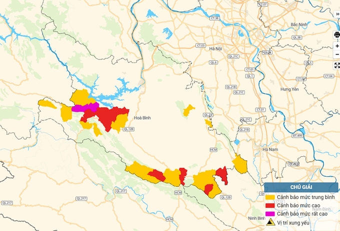 Bản đồ nguy cơ lũ quét, sạt lở đất đá tại Hòa Bình. Ảnh: TT KTTV Quốc gia