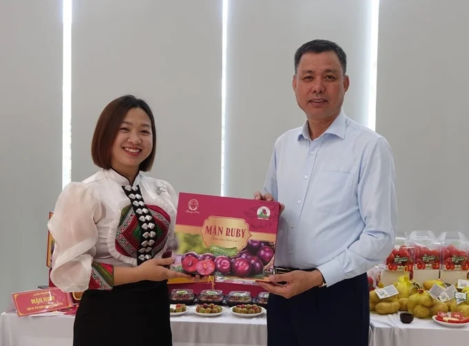 Mr. Nguyen Thanh Cong, Vice Chairman of Son La Provincial People's Committee, and Bui Phuong Thanh introduce and promote Ruby Phieng Khoai plum. Photo: Tung Dinh.