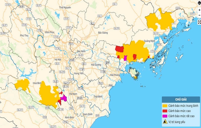 Bản đồ nguy cơ lũ quét, sạt lở đất đá tại Hòa Bình và Quảng Ninh. Ảnh: TT KTTV Quốc gia