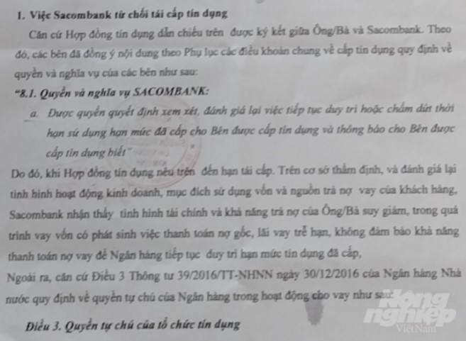 Sacombank trích dẫn điều khoản HĐ để 'trói' khách hàng. (Ảnh chụp văn bản trả lời số 57).