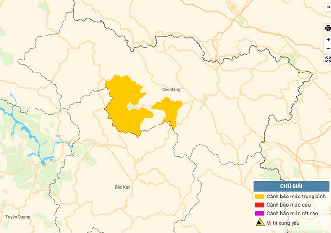 Bản đồ nguy cơ lũ quét, sạt lở đất đá tại Cao Bằng. Ảnh: TT KTTV Quốc gia
