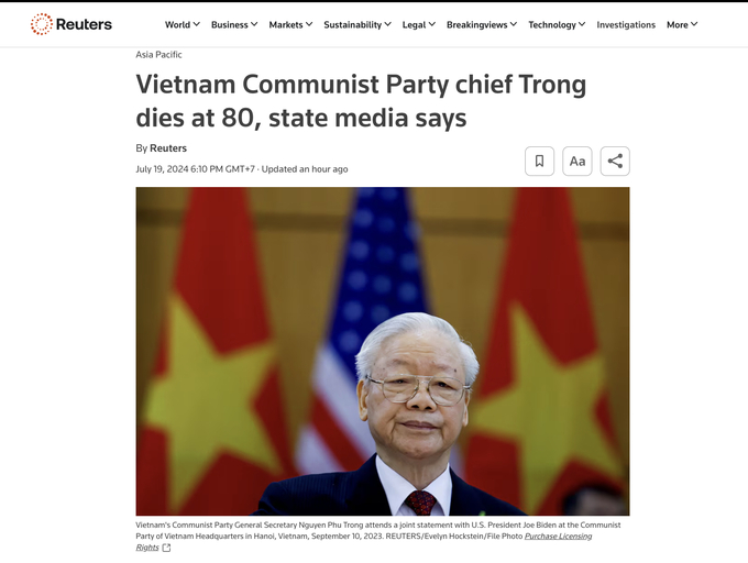 Reuters: 'Tổng Bí thư Đảng Cộng sản Việt Nam Nguyễn Phú Trọng từ trần ở tuổi 80'. Ảnh: Chụp màn hình.