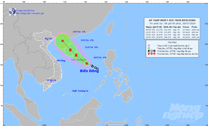 Họa đồ vị trí áp thấp nhiệt đới sáng 20/7. Nguồn: Trung tâm Dự báo Khí tượng và Thủy văn quốc gia.