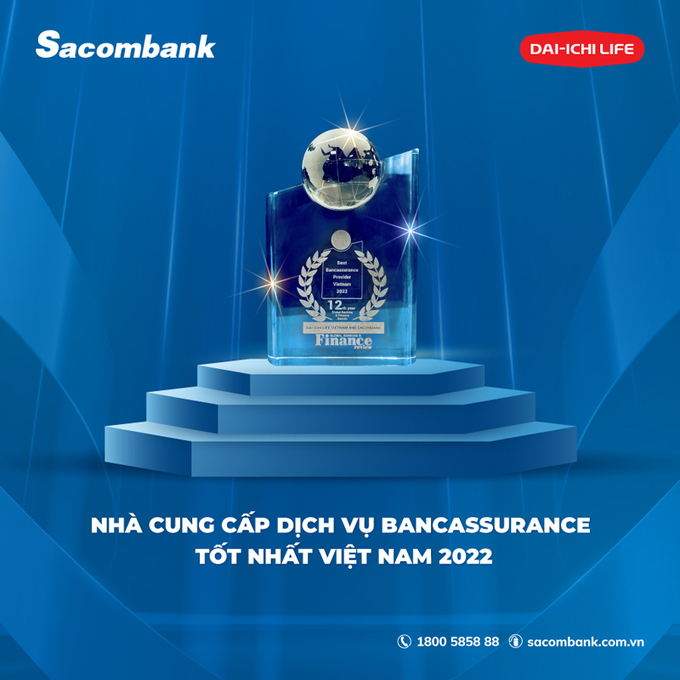 Tại lễ kỷ niệm sau 5 năm hợp tác, Sacombank cho biết là ngân hàng cung cấp dịch vụ Bancassurance tốt nhất Việt Nam 2022. Ảnh: Sacombank.com.vn.