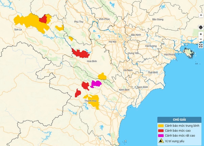 Bản đồ nguy cơ lũ quét, sạt lở đất đá tại Sơn La, Hòa Bình và Thanh Hóa. Ảnh: TT KTTV Quốc gia