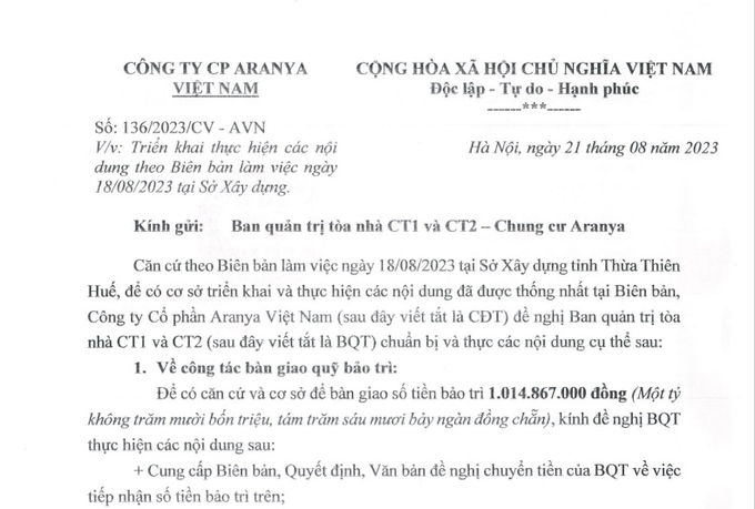 Văn bản do Tổng Giám đốc Công ty cổ phần Aranya Việt Nam Đặng Mạnh Thắng gửi các đơn vị liên quan.