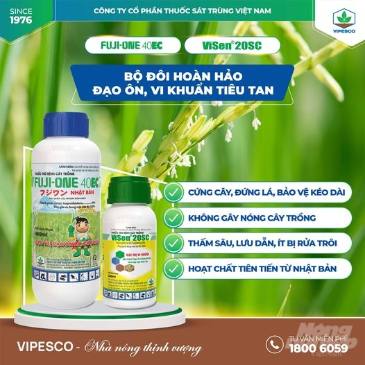 Bộ đôi sản phẩm Fujione 40EC và Visen 20SC của Công ty Vipesco giúp bà con nông dân quản lý hiệu quả bệnh đạo ôn, vi khuẩn trên lúa. Ảnh: Vipesco. 