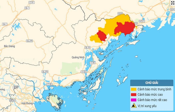 Bản đồ nguy cơ lũ quét, sạt lở đất đá tại Quảng Ninh. Ảnh: TT KTTV Quốc gia