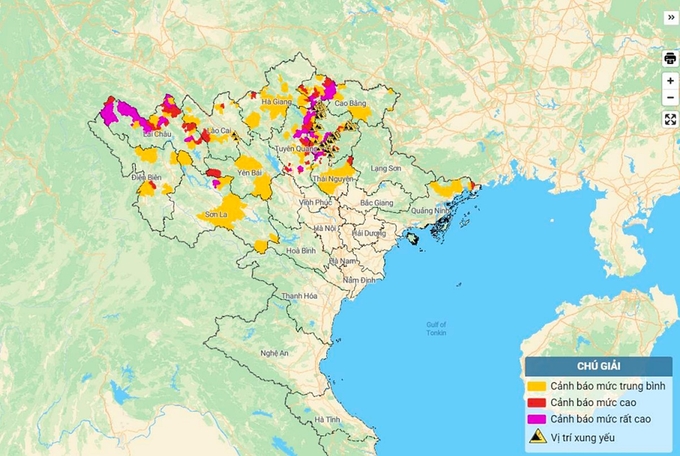Bản đồ nguy cơ lũ quét, sạt lở đất đá tại các tỉnh Bắc Bộ. Ảnh: TT KTTV Quốc gia