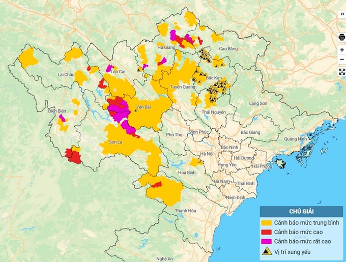 Bản đồ nguy cơ lũ quét, sạt lở đất đá tại Bắc Bộ và Thanh Hóa. Ảnh: TT KTTV Quốc gia