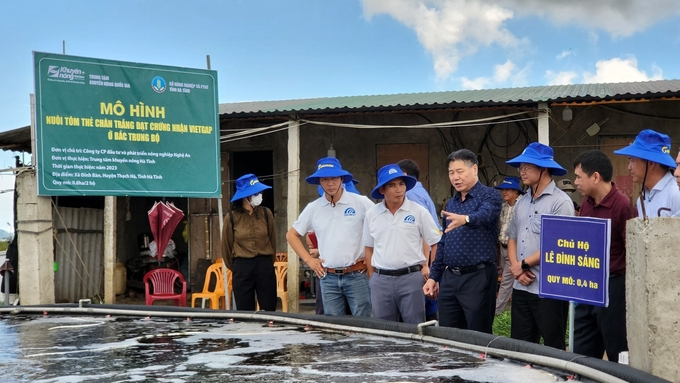 Ông Lê Quốc Thanh - Giám đốc Trung tâm Khuyến nông Quốc gia (thứ 4 từ phải sang) kiểm tra, đánh giá mô hình nuôi tôm đạt tiêu chuẩn VietGAP tại Hà Tĩnh. Ảnh: Ánh Nguyệt.