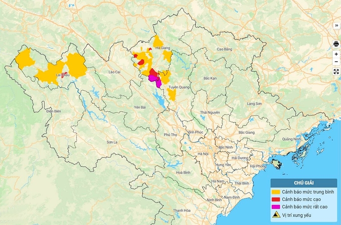 Bản đồ nguy cơ sạt lở đất đá tại Lai Châu, Hà Giang và Tuyên Quang. Ảnh: TT KTTV Quốc gia