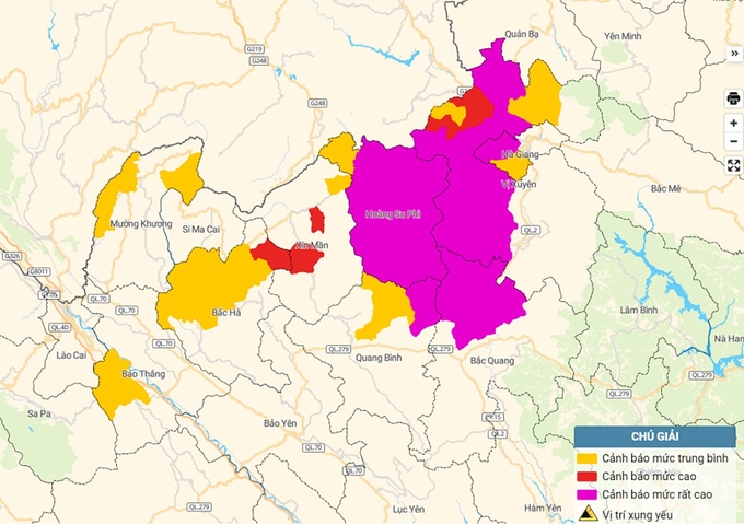 Bản đồ nguy cơ lũ quét, sạt lở đất đá tại Hà Giang và Lào Cai. Ảnh: TT KTTV Quốc gia