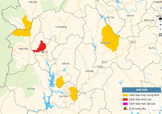 Bản đồ nguy cơ lũ quét, sạt lở đất đá tại Kon Tum. Ảnh: TT KTTV Quốc gia