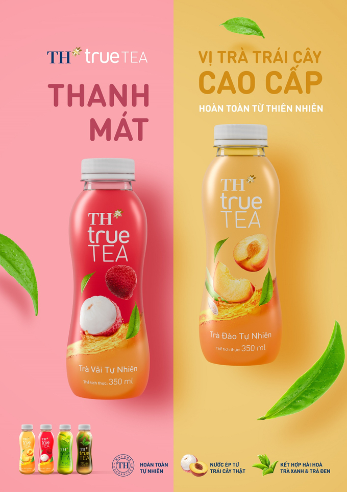 Dòng Trà trái cây TH true TEA mới gồm 2 hương vị: Trà Vải Tự Nhiên và Trà Đào Tự Nhiên. Ảnh: TH true TEA.