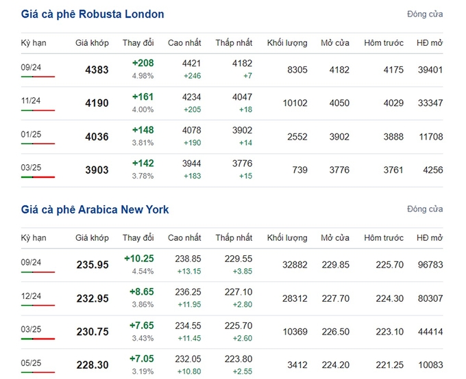 Giá Arabica và Robusta mới nhất ngày 7/8/2024