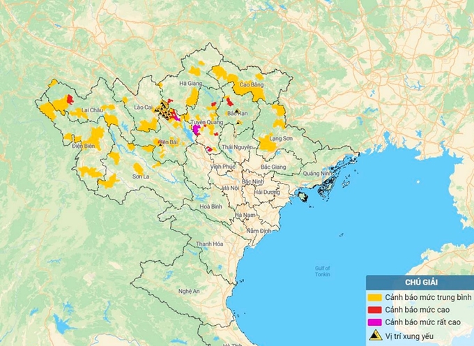 Bản đồ nguy cơ lũ quét, sạt lở đất đá tại Bắc Bộ. Ảnh: TT KTTV Quốc gia