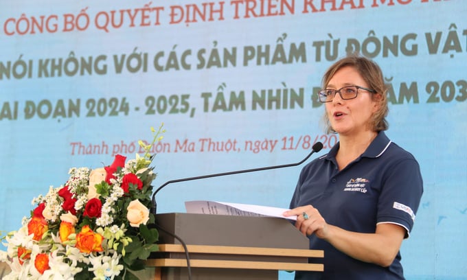 Michelle Owen, Chief of Party of the Saving Threatened Wildlife Project (WWF), giving a presentation at the ceremony. Photo: Quang Yen.