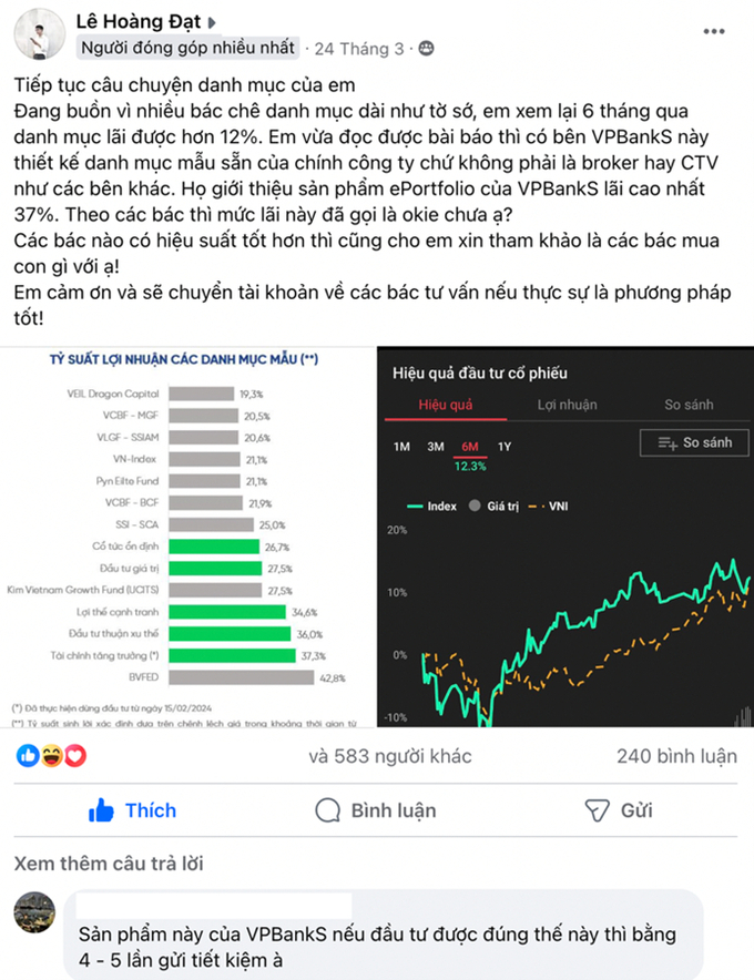 Nhiều nhà đầu tư thảo luận về sản phẩm ePortfolio của VPBankS trên cộng đồng. Ảnh chụp màn hình.