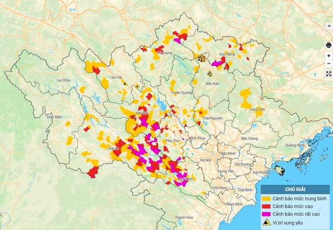 Bản đồ nguy cơ lũ quét, sạt lở đất đá tại các tỉnh Bắc Bộ. Ảnh: TT KTTV Quốc gia