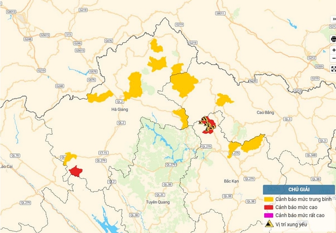 Bản đồ nguy cơ lũ quét, sạt lở đất đá tại Cao Bằng,Bắc Kạn và Hà Giang. Ảnh: TT KTTV Quốc gia
