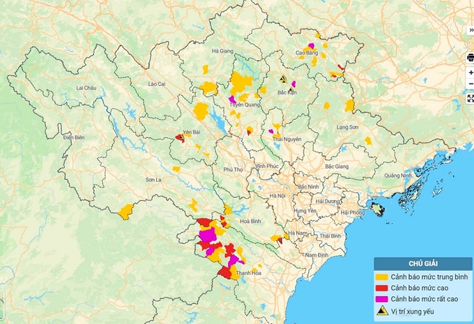 Bản đồ nguy cơ lũ quét, sạt lở đất đá tại Bắc Bộ và Thanh Hóa. Ảnh: TT KTTV Quốc gia