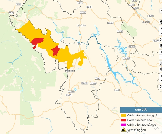 Bản đồ nguy cơ lũ quét, sạt lở đất đá tại Điện Biên. Ảnh: TT KTTV Quốc gia