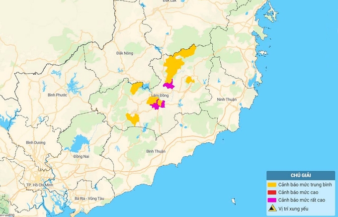 Bản đồ nguy cơ lũ quét, sạt lở đất đá tại Lâm Đồng. Ảnh: TT KTTV Quốc gia