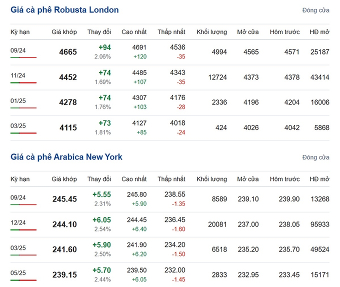 Giá Arabica và Robusta mới nhất ngày 17/8/2024