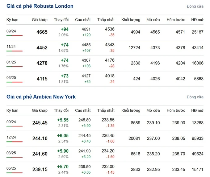 Latest Arabica and Robusta prices on 08/17/2024