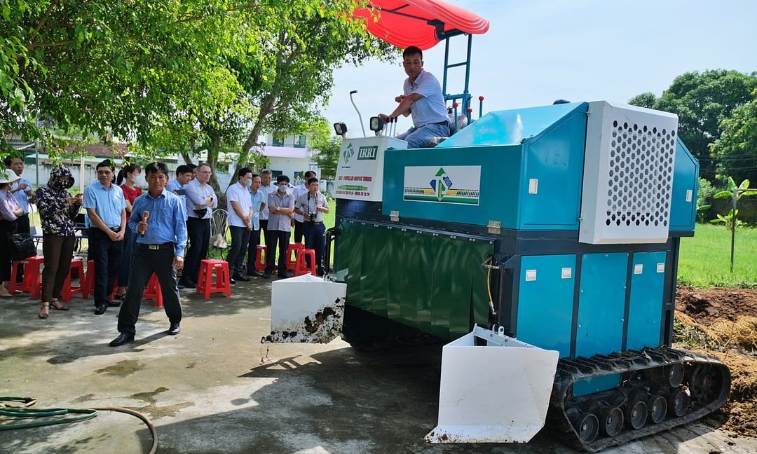 The machine that collects and mixes straw looks like a small excavator. In front of the two rows of wheels, there are two large white plastic scrapers used to collect straw into the middle of the machine's running track.  The self-propelled turner introduced by IRRI has a capacity of about 138–300 m3 of straw in 1 hour of continuous running, many times higher than the traditional tractor-linked mixer that people often use. Besides, above the driving position, there is also a sunshade, ensuring operation even in hot weather.