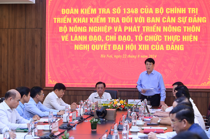 Đoàn kiểm tra của Bộ Chính trị làm việc với Bộ NN-PTNT về thực hiện Nghị quyết Đại hội XIII. Ảnh: Tùng Đinh.