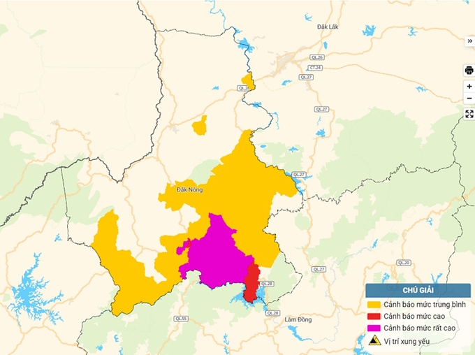 Bản đồ nguy cơ lũ quét, sạt lở đất đá tại Đắk Nông. Ảnh: TT KTTV Quốc gia