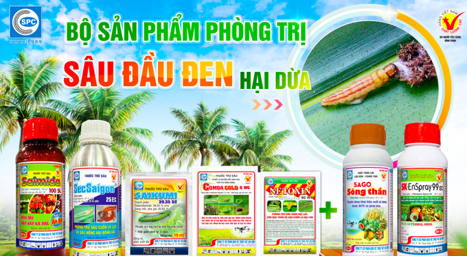 Các sản phẩm phòng trị bệnh sâu đầu đen hại dừa và các loại sâu hại trên dừa hiệu quả của Công ty CP BVTV Sài Gòn - SPC. Ảnh: Kim Ngọc.