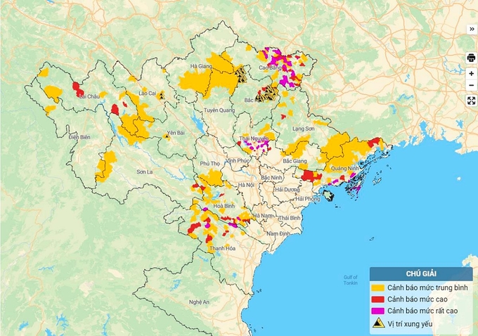 Bản đồ nguy cơ lũ quét, sạt lở đất đá tại Bắc Bộ và Thanh Hóa. Ảnh: TT KTTV Quốc gia