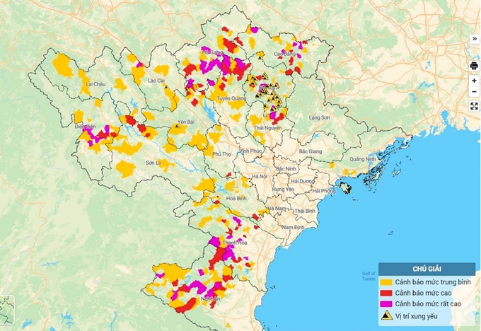 Bản đồ nguy cơ lũ quét, sạt lở đất đá tại Bắc Bộ, Thanh Hóa và Nghệ An. Ảnh: TT KTTV Quốc gia