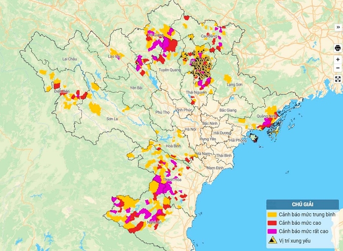 Bản đồ nguy cơ lũ quét, sạt lở đất đá tại Bắc Bộ, Thanh Hóa và Nghệ An. Ảnh: TT KTTV Quốc gia