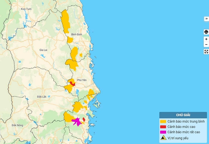 Bản đồ nguy cơ lũ quét, sạt lở đất đá tại Bình Định, Phú Yên và Khánh Hòa. Ảnh: TT KTTV Quốc gia