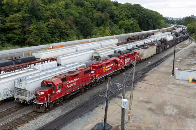 A drone view shows railway cars crowding the CPKC Kinnear Yard in Hamilton, Ontario, Canada August 19, 2024.