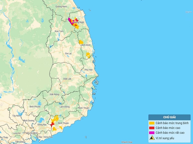 Bản đồ nguy cơ lũ quét, sạt lở đất đá tại Quảng Ngãi, Bình Định và Bình Thuận. Ảnh: TT KTTV Quốc gia