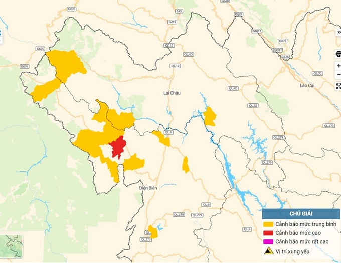Bản đồ nguy cơ lũ quét, sạt lở đất đá tại Điện Biên và Lai Châu. Ảnh: TT KTTV Quốc gia