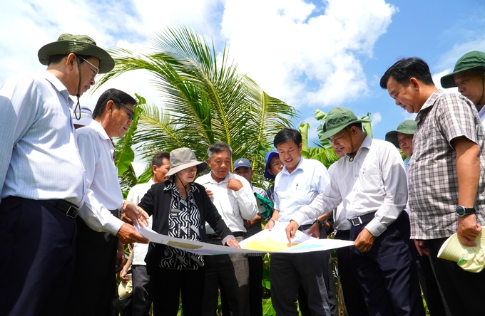 Soc Trang provincial leaders survey where the 1 million-hectare high-quality rice project is being implemented in Long Phu district. Photo: Kim Anh.