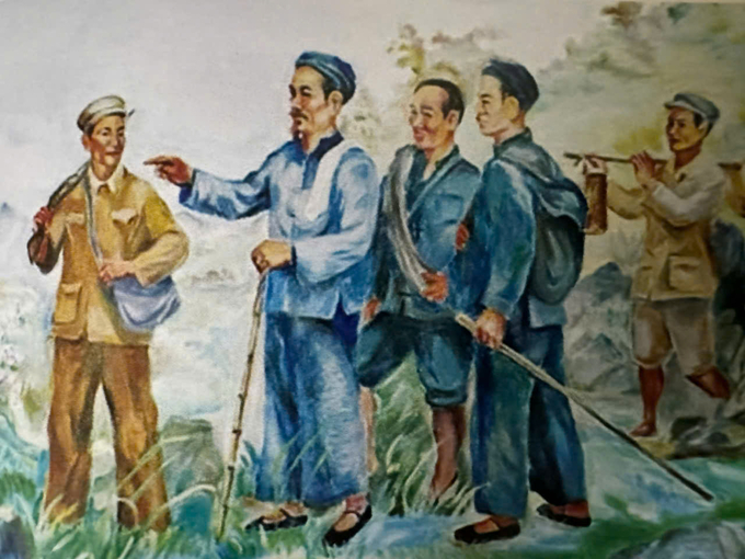 Bác Hồ về đến Cao Bằng năm 1941. Tranh của Trịnh Phòng.